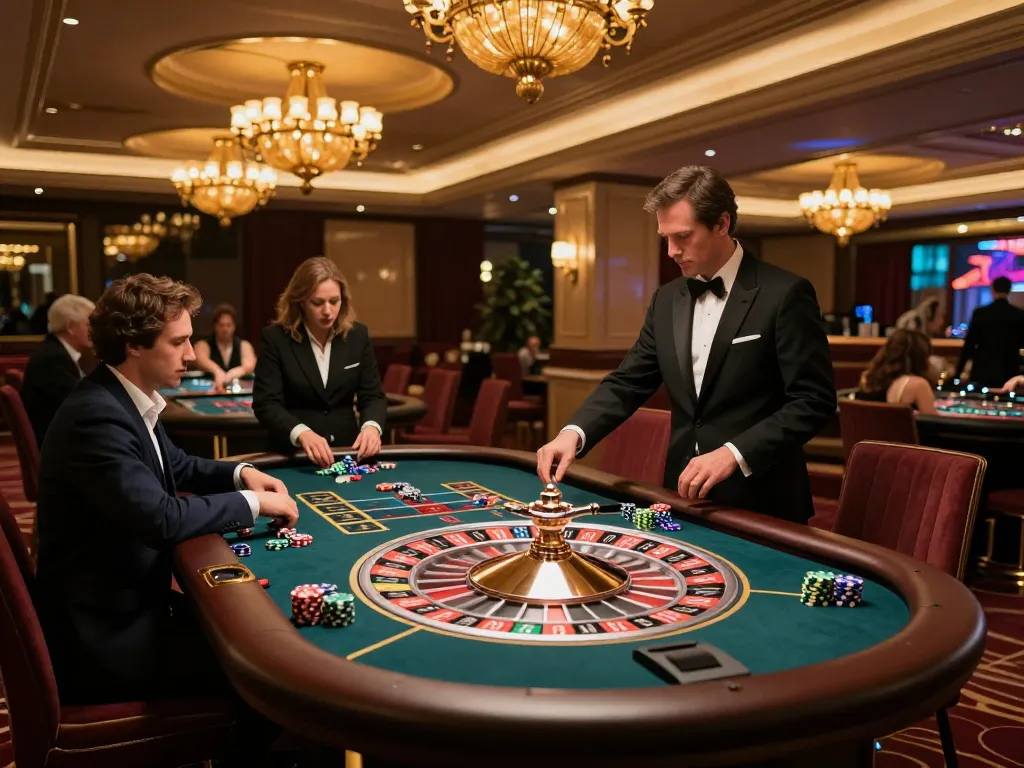 Players placing bets at EV99's roulette table in a lavish casino environment.