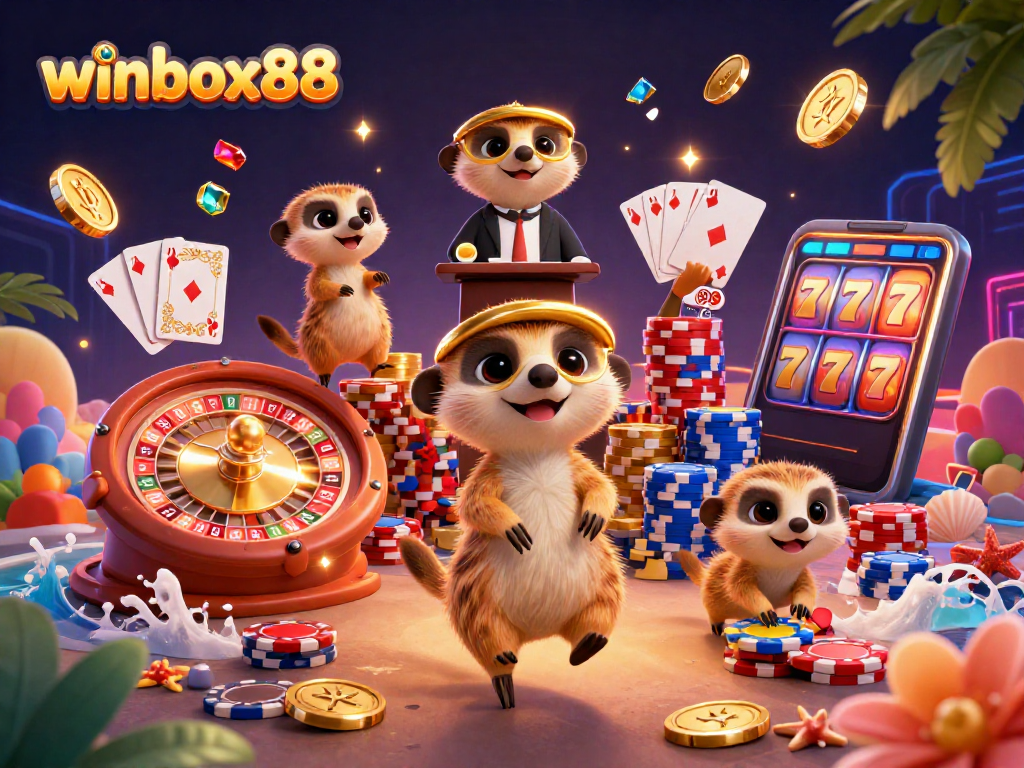 Engaging meerkats running the winbox88 casino with vibrant game elements and rich details.