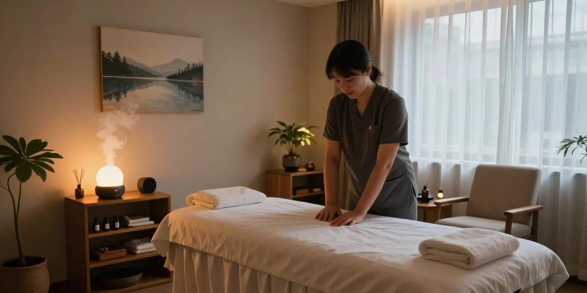 Calm massage therapy room promoting 서울출장안마 with soothing decor and ambient light.