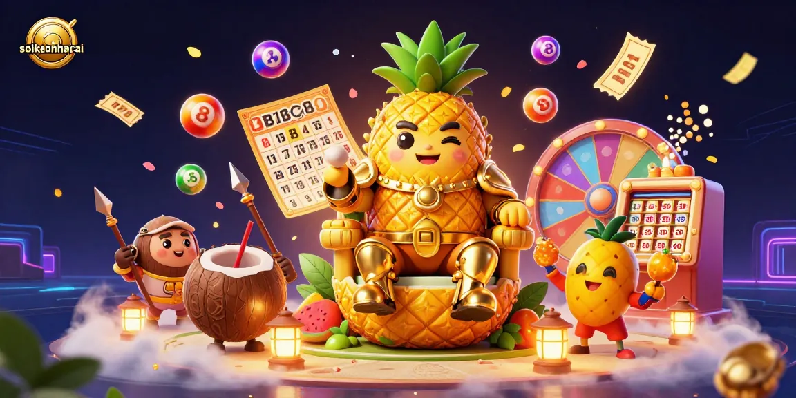 Engage with the exciting world of soikeonhacai as the golden pineapple king and tropical characters celebrate with vibrant lottery balls.