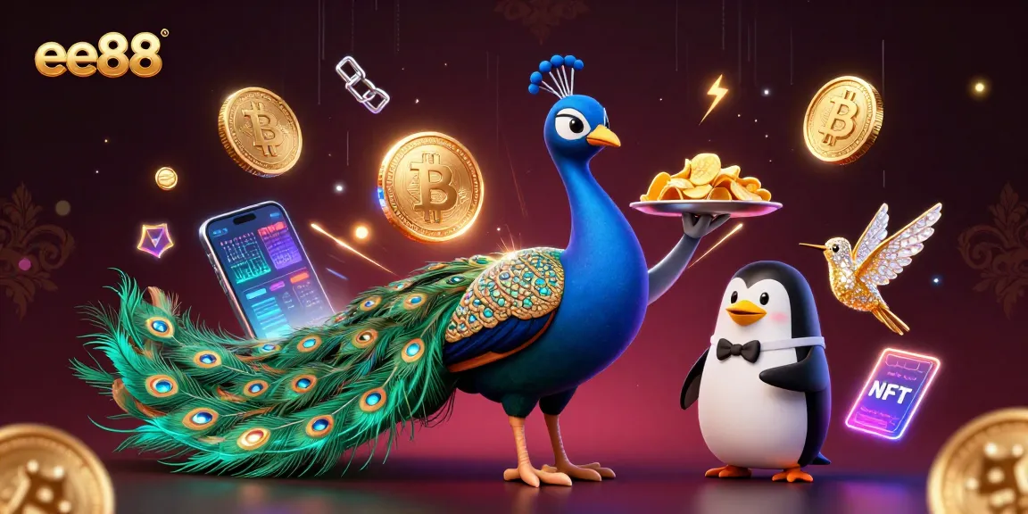 Engage with ee88's vibrant illustration showcasing an aristocratic peacock and casino elements.