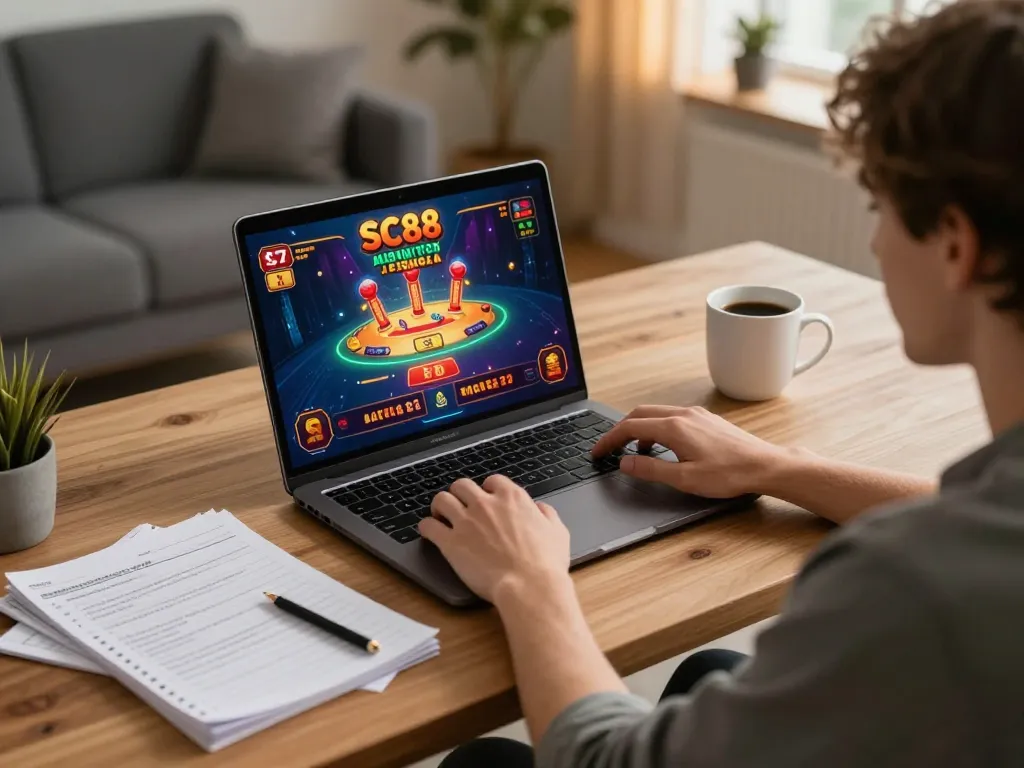 Player enjoying SC88 online gambling experience at home with laptop and strategy notes
