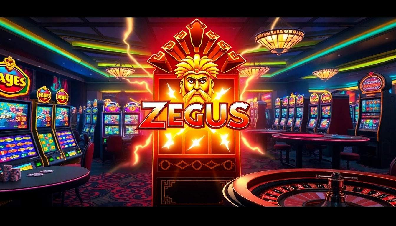 Putar mesin slot Zeus di lingkungan kasino mewah dengan energi yang hidup dan kegembiraan yang tinggi.