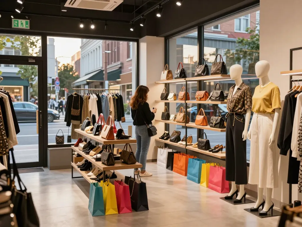 Shopping experience at a 레플리카 쇼핑몰 with trendy outfits and accessories.