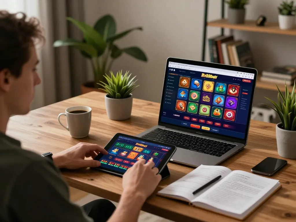 Engaging with rr88bet casino interface on tablet, showcasing a cozy home gaming setup.