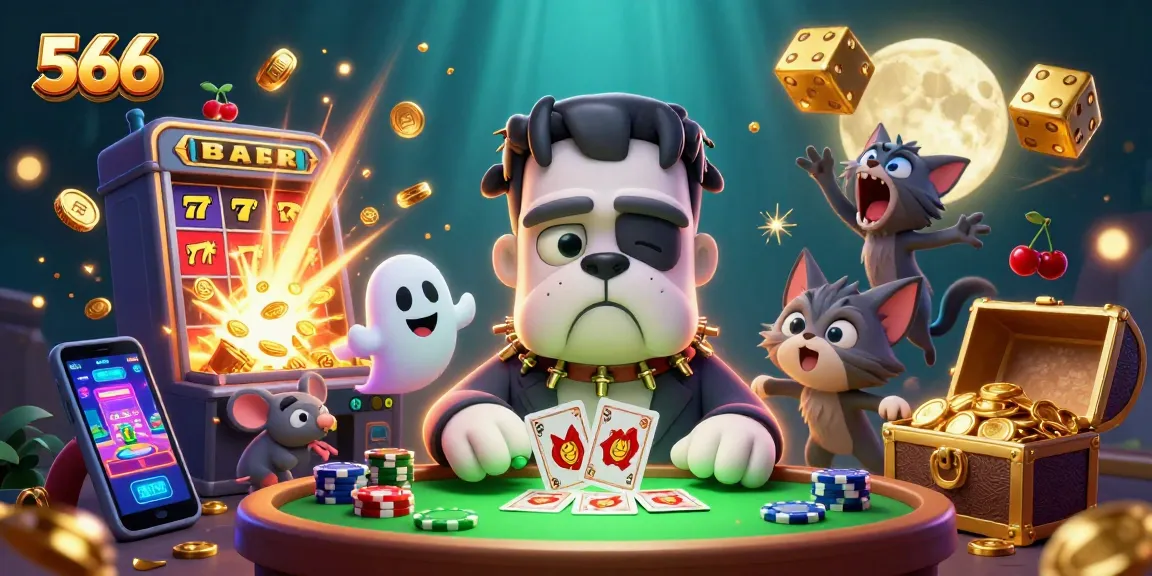 Join the thrilling action at 566's casino with a playful bulldog dealer and vibrant game elements.