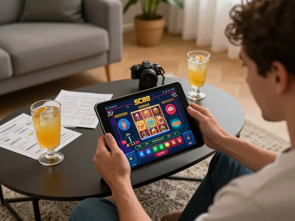 Person enjoying SC88's online gaming platform on a tablet with vibrant interface, showcasing responsible gambling at home