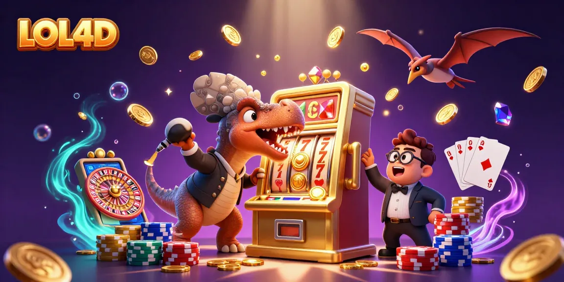 Mengguncang jackpot di LOL4D dengan dinosaurus mencolok mesin slot, terlihat koin emas berterbangan.