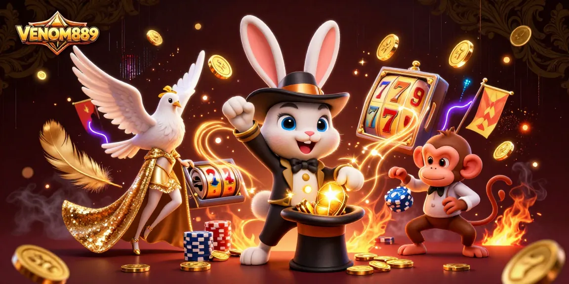Experience the thrilling world of VENOM889, where magical moments and winning combinations come alive in this vibrant casino illustration.