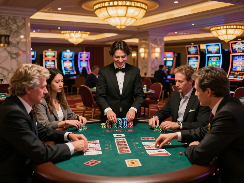 Players at a blackjack table enjoying a game at SC8885's upscale casino, focused on winning strategies.