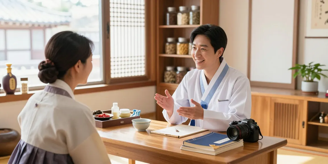 Consultation at 영통한의원, showcasing traditional Korean medicine with herbal remedies and caring practitioner.