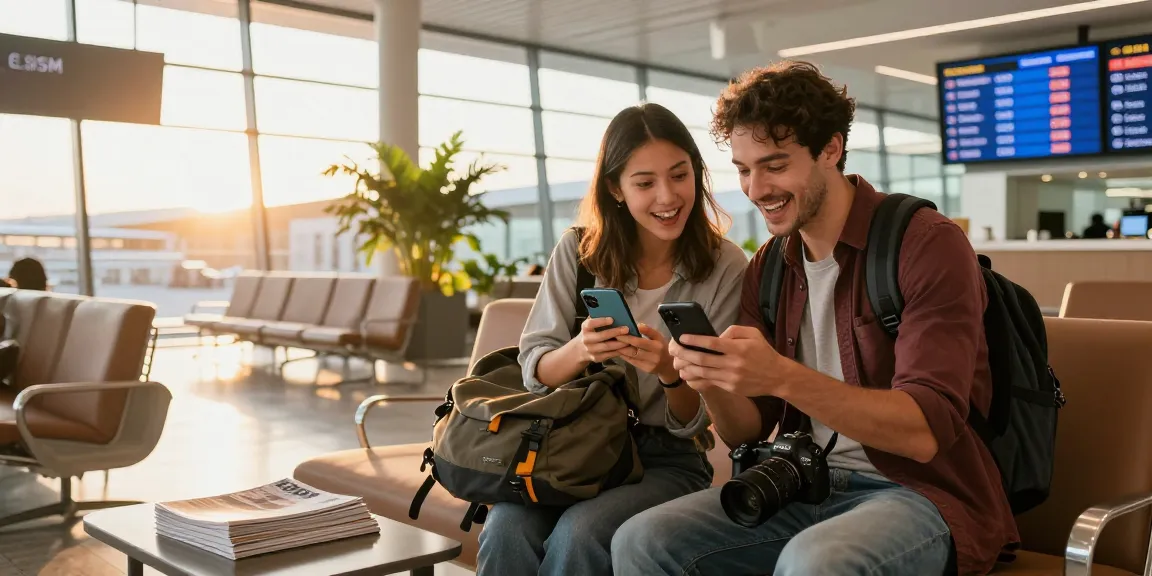 Couple exploring eSIM-Gutscheine options in airport lounge during sunrise.