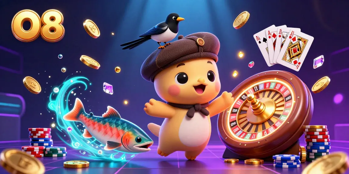 Engage with O8's playful Nessie and gold-obsessed magpie amid cascading coins and vibrant casino elements.