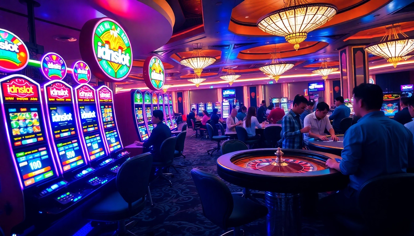 Players enjoying vibrant idnslot gaming experience at a luxurious casino, surrounded by slot machines and poker tables.