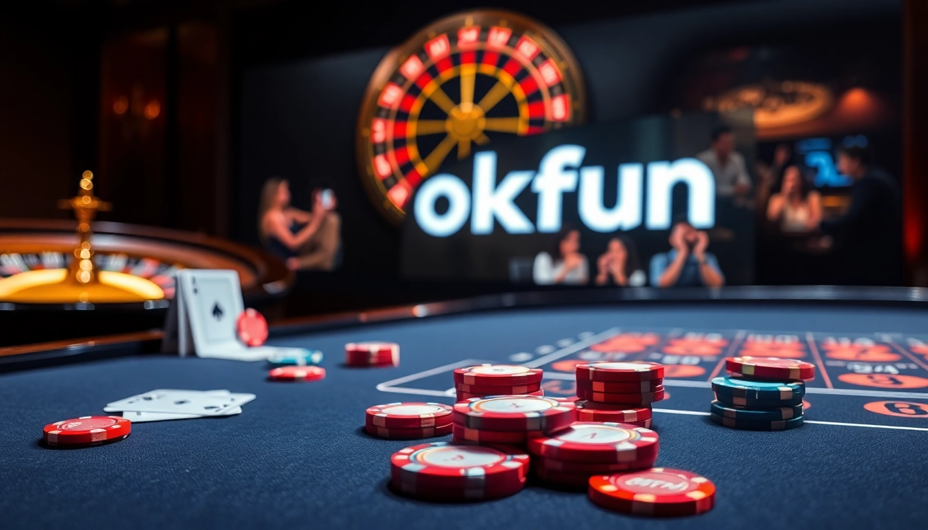 Excited players enjoying games at okfun casino with vibrant chips and gaming tables.