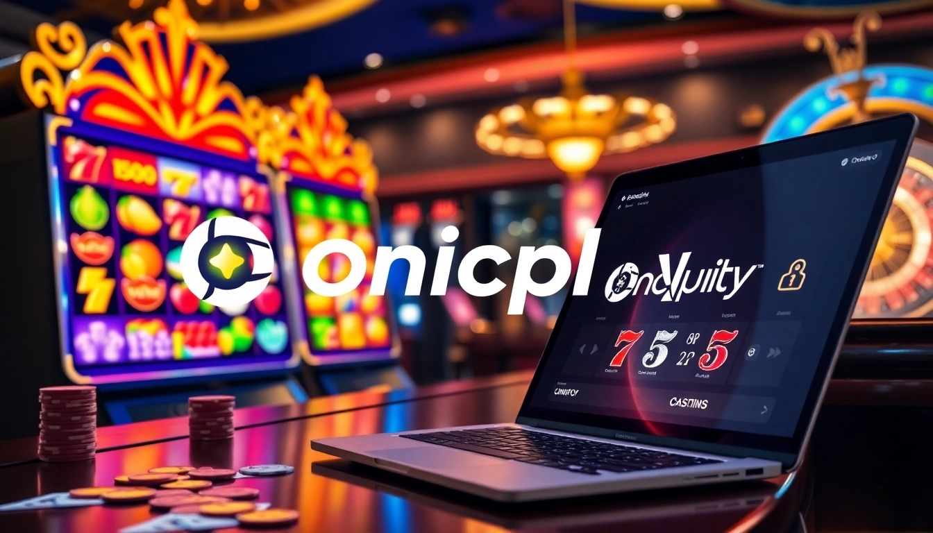 Experience the excitement of Onicplay online slots with vibrant visuals of spinning reels and casino elements.