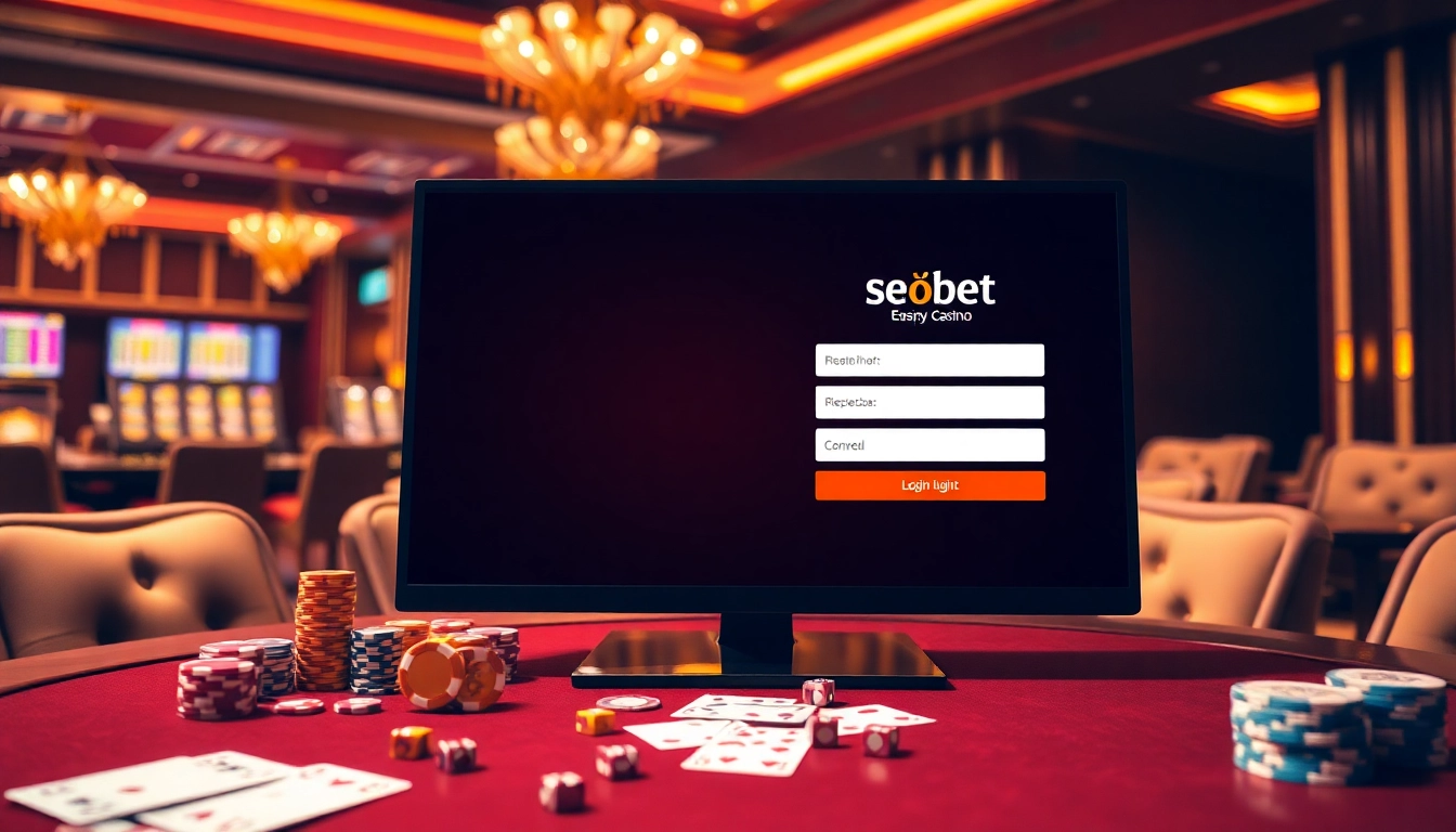 Sbobet login terbaru showcased on a luxurious casino interface with poker chips and cards.