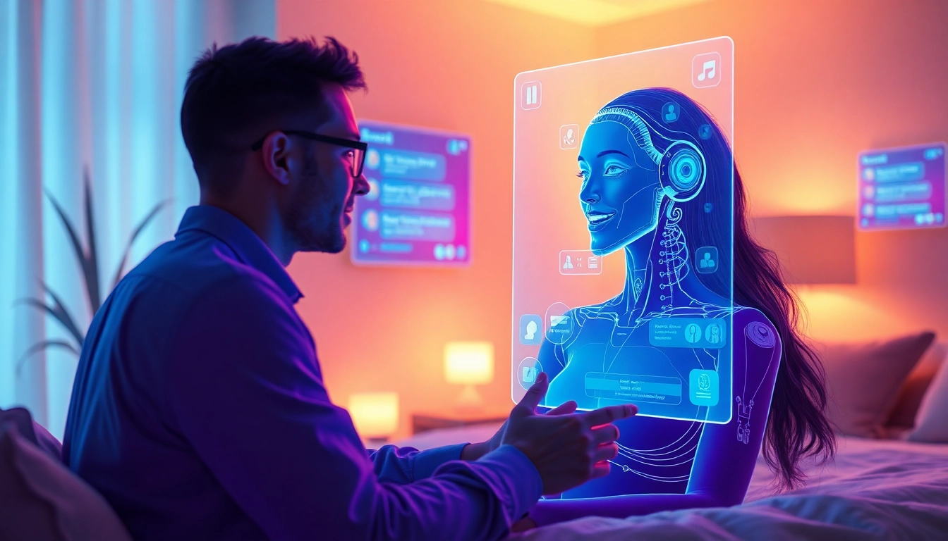 AI sex chat interface with a friendly holographic persona in a modern setting.