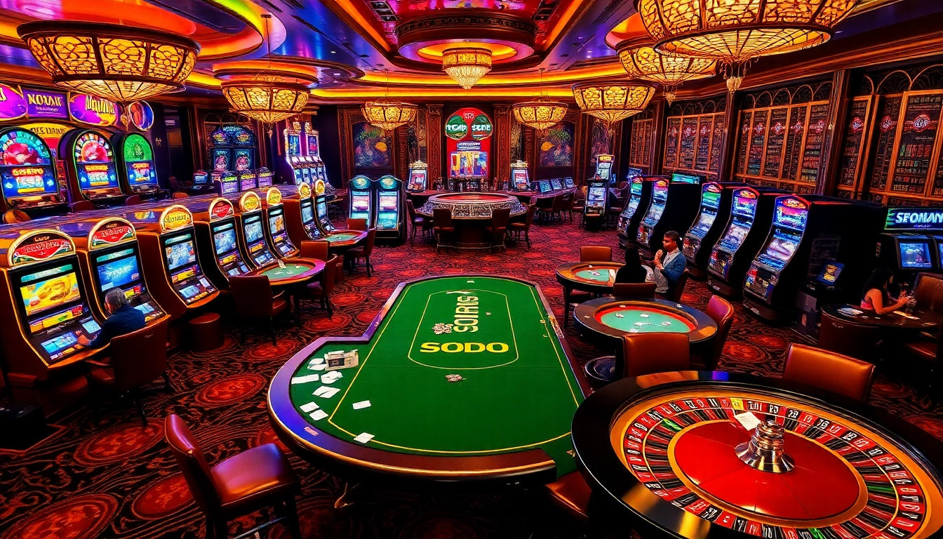 Players enjoying the thrilling atmosphere at SODO Casino, surrounded by vibrant slot machines and roulette wheels.