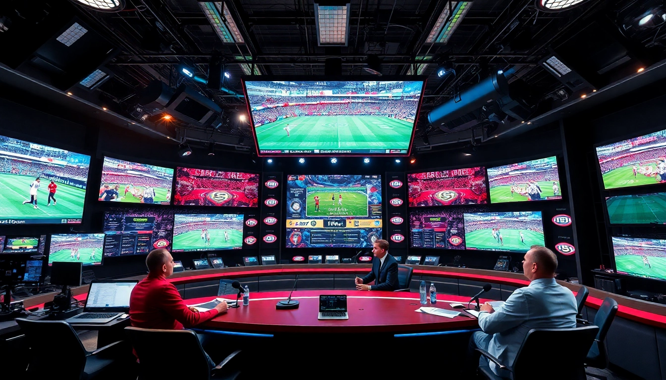Enhance your knowledge of Sports Broadcasting in a lively presentation studio filled with dynamic displays.