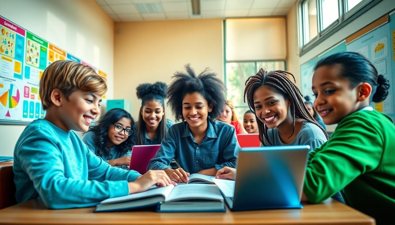 Dynamic classroom scene illustrating education with diverse students collaborating and engaging with technology.
