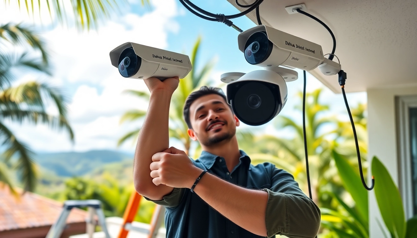 Instalación de cámaras Dahua por un técnico en un entorno residencial en Guanacaste, Costa Rica.