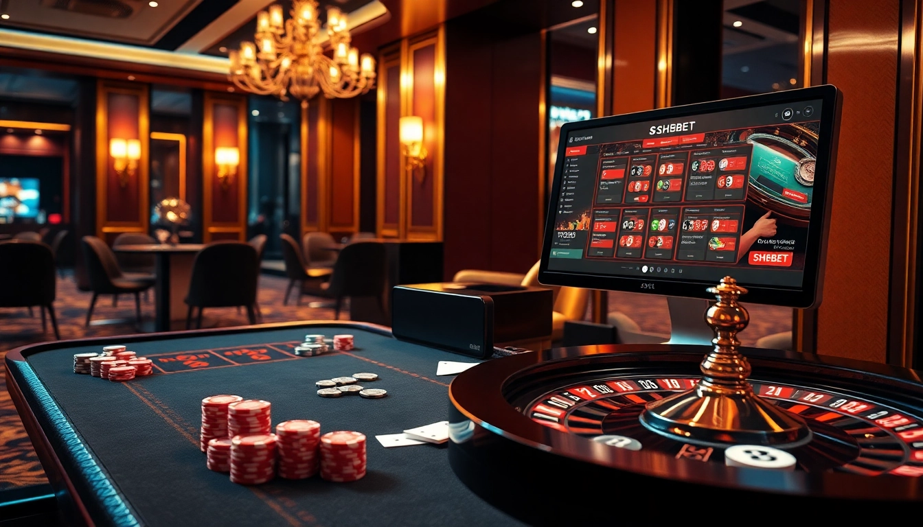 Experience the excitement of SHBET with vibrant poker chips and a roulette wheel.