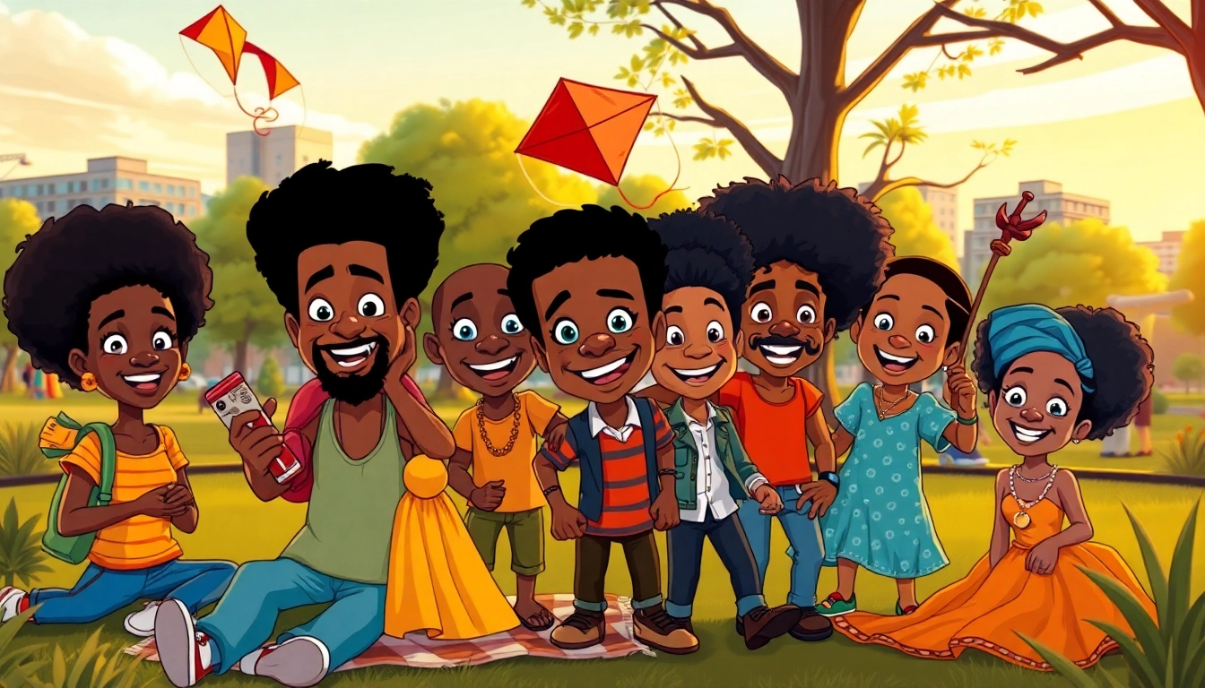 Dynamic portrayal of African American Cartoons characters enjoying a colorful park adventure filled with joy and community.