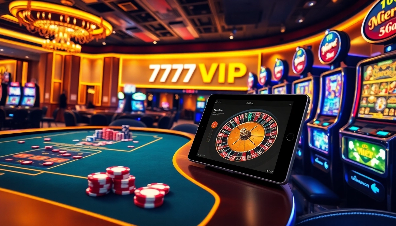 Engage with 777VIP's luxurious online gambling experience featuring vibrant casino tables and high-tech gaming interfaces.