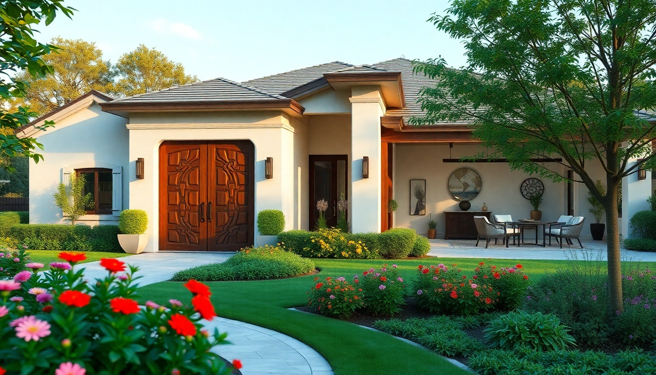 Showcasing exquisite custom residential architecture services in a modern home surrounded by beautiful landscaping.