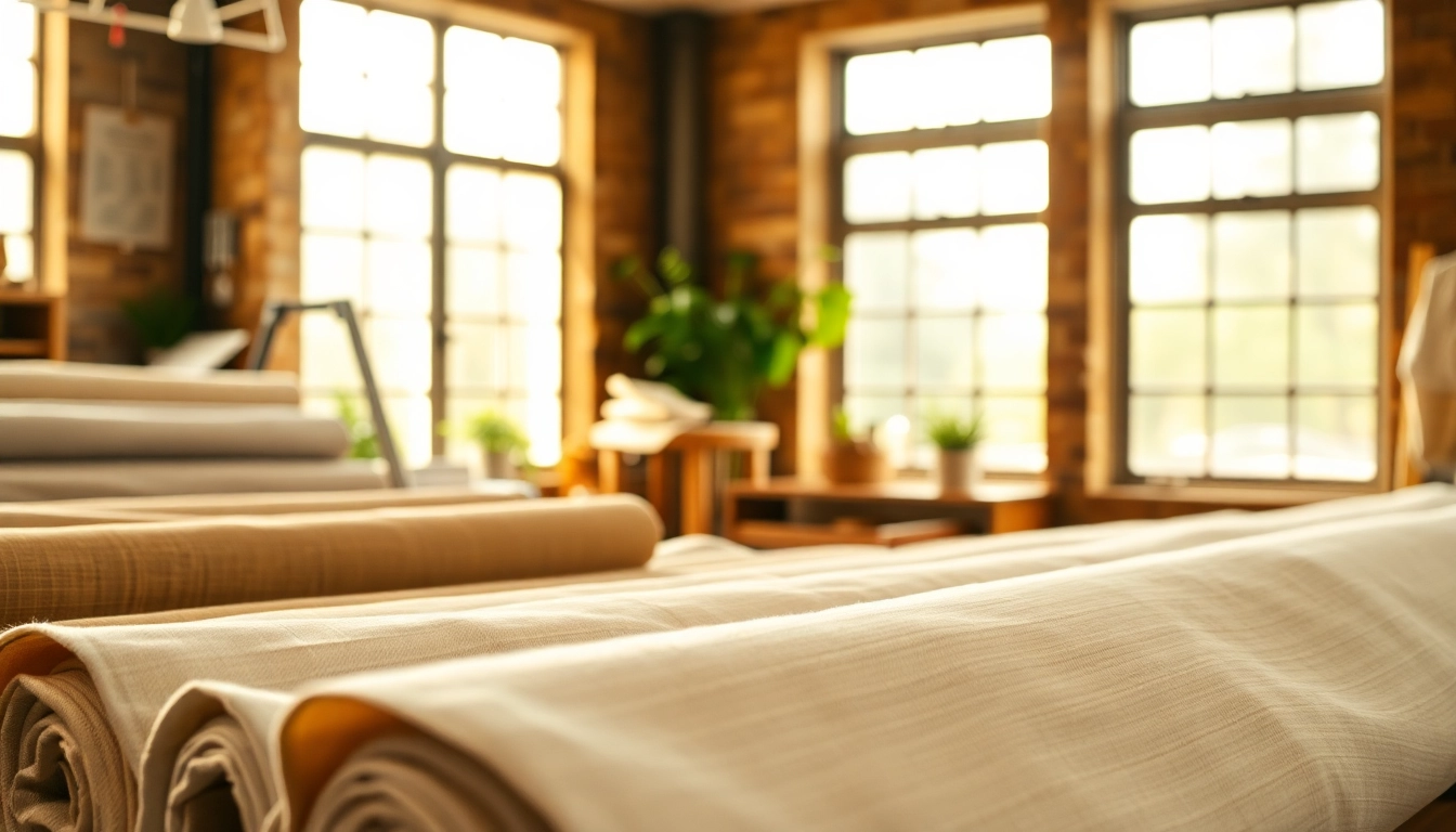 Hoogwaardige linnen stoffen op een stijlvolle werkplek, perfect voor interieurontwerpen.